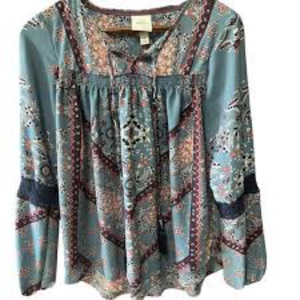 Knox Rose Blue Floral Peasant Tassel Tie Smocking Lace Trim